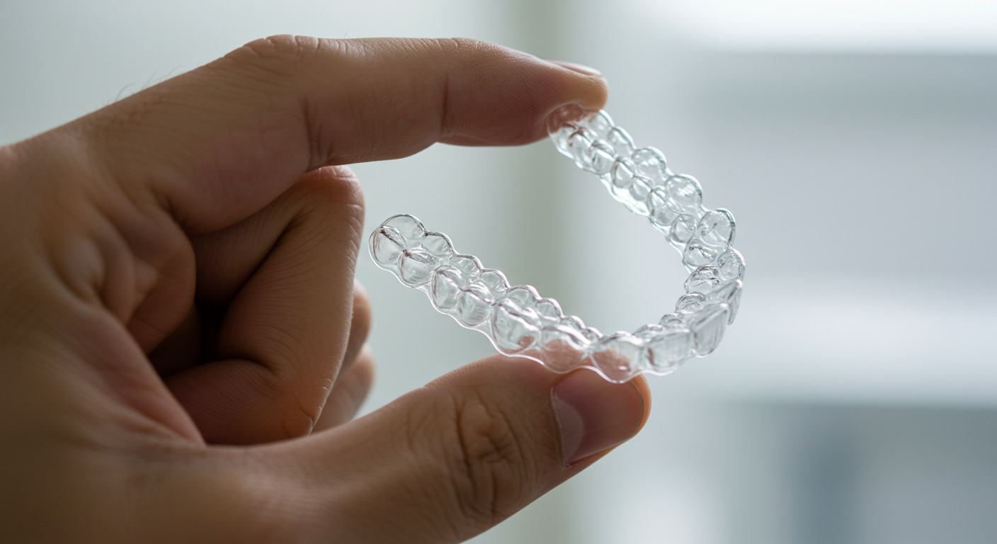 Hand holding a pair of clear dental aligners