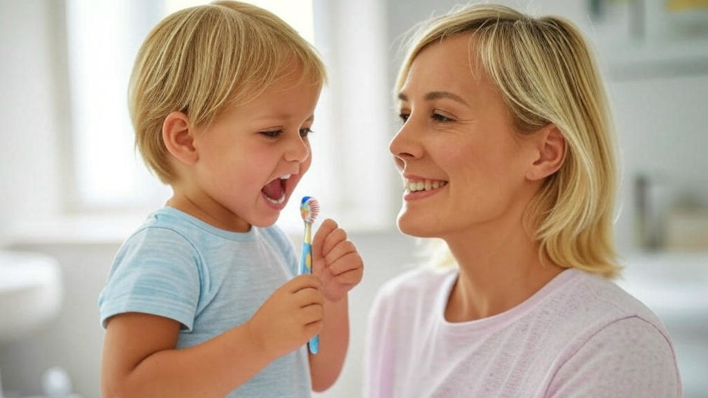 Parent helping a young child brush their baby teeth correctly in front of a mirror.