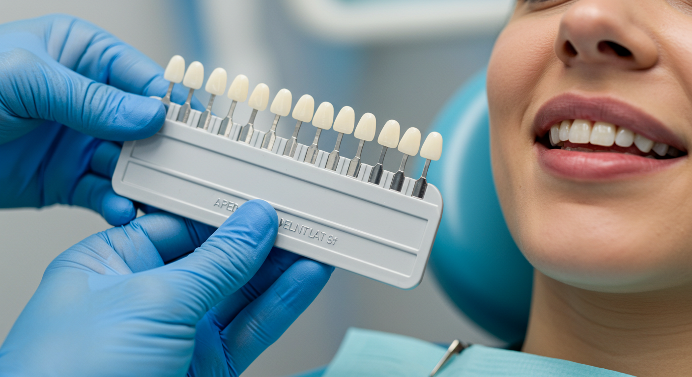 Dentist showing a patient shades for dental bonding.