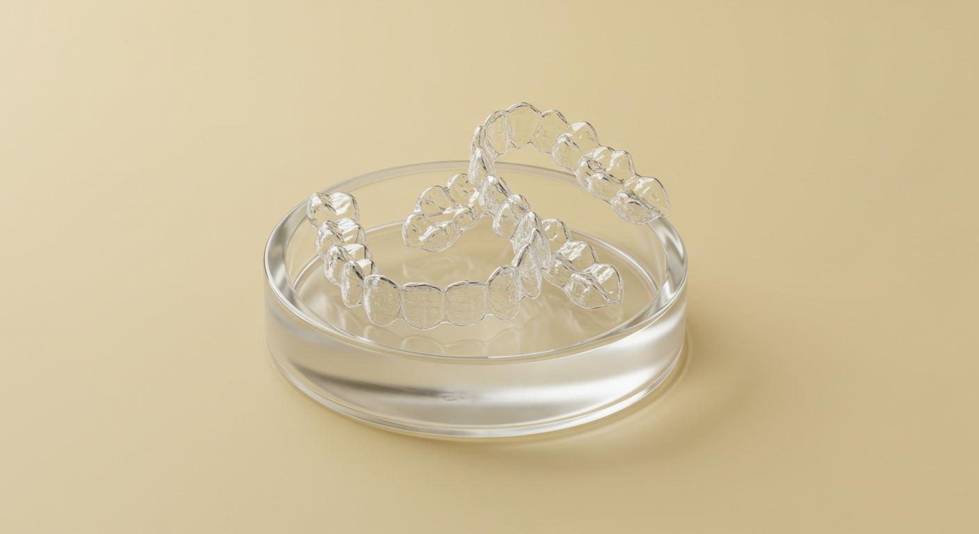 Dental instruments and dentist working on a dental tray in a modern office