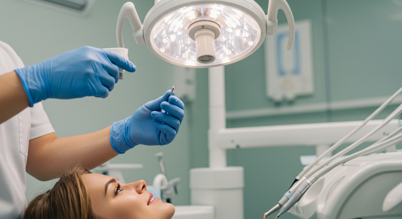 Dentist adjusting the light on a patient's teeth