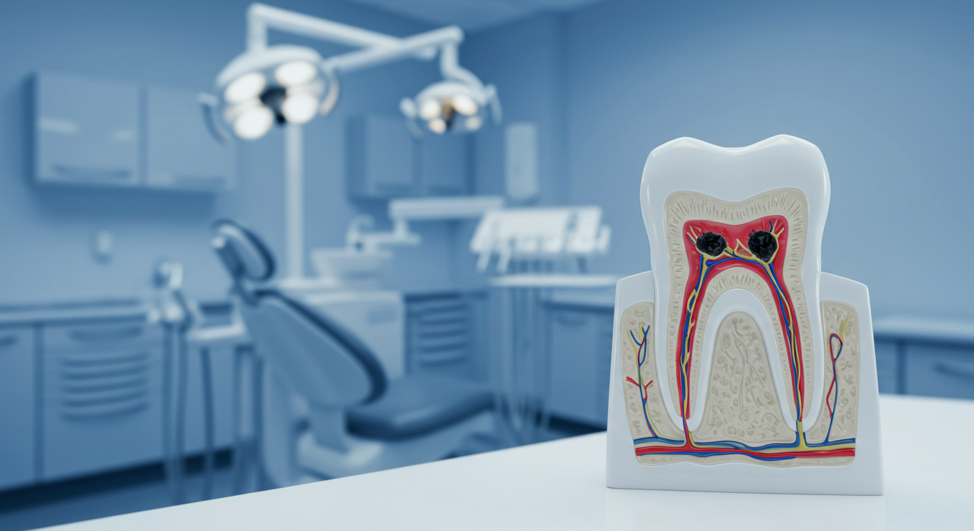 Anatomical model of a tooth cross-section showing root canals and pulp chamber.