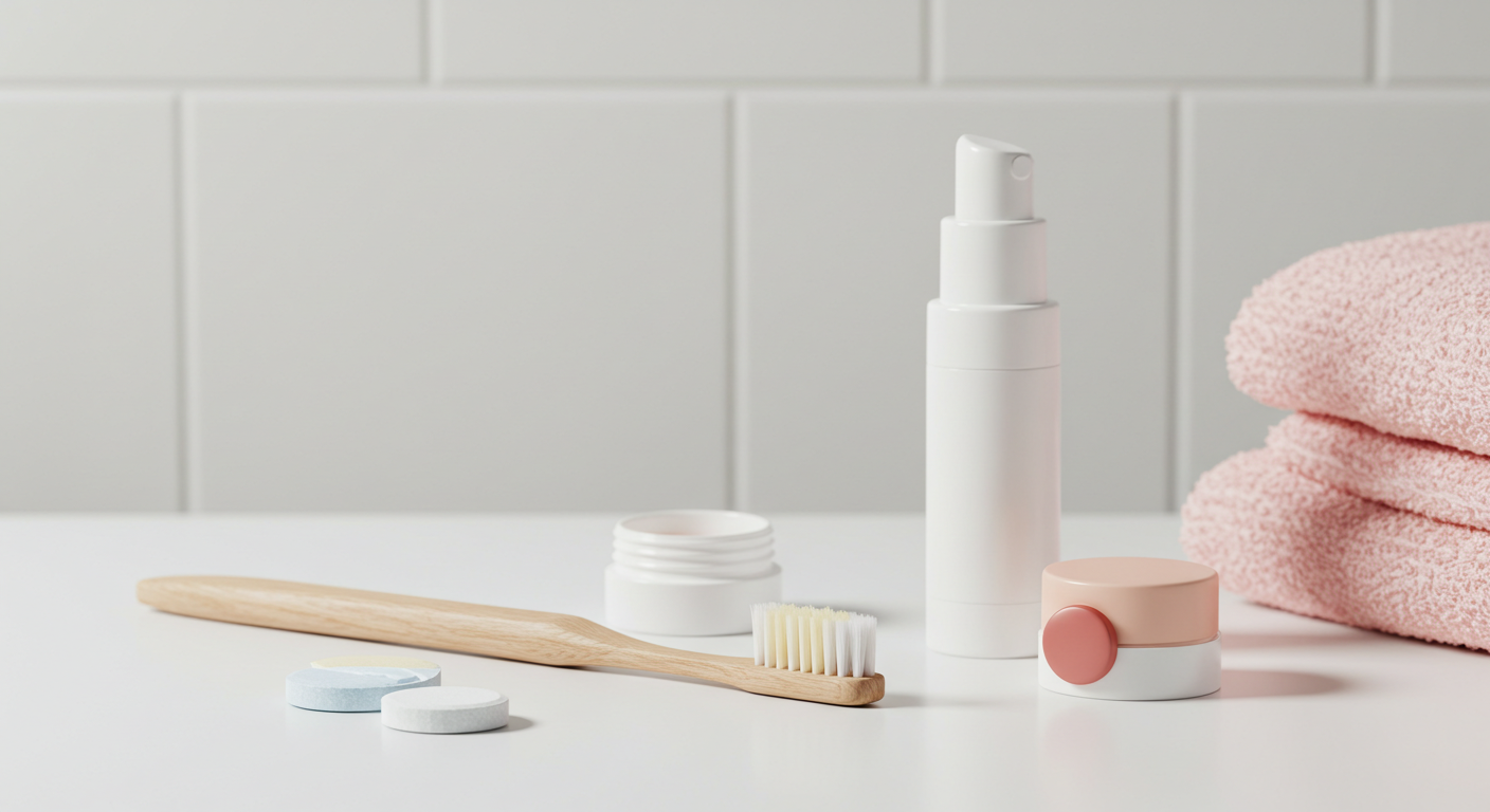 Illustration of preventive measures: oral hygiene, denture care, lip hydration
